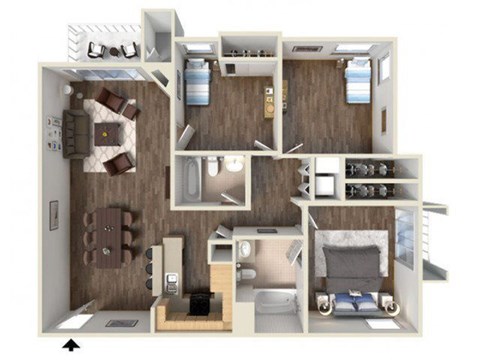A 3D floor plan of a small apartment with a kitchen, living room, and bedroom.